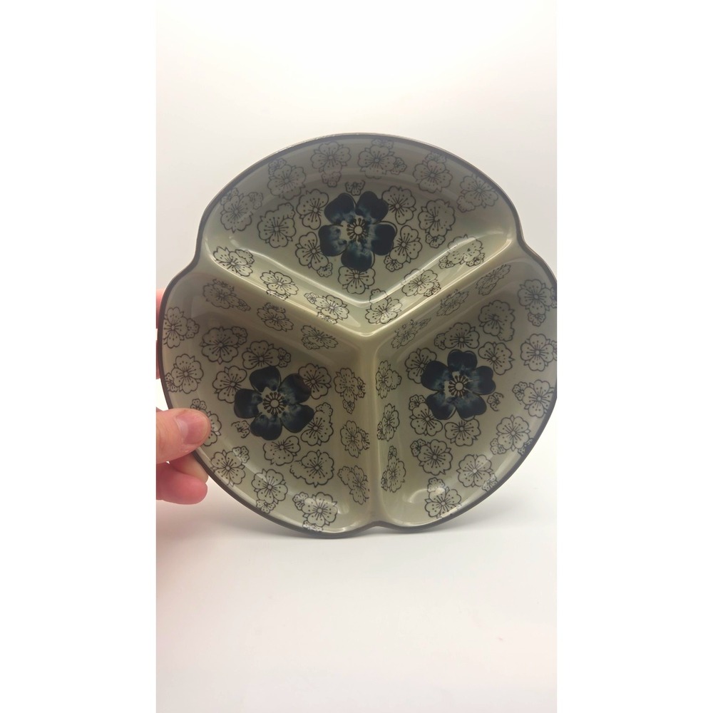 Nishida Gray Blue camellia porcelain Divided Dish 3 Compartments relish tray